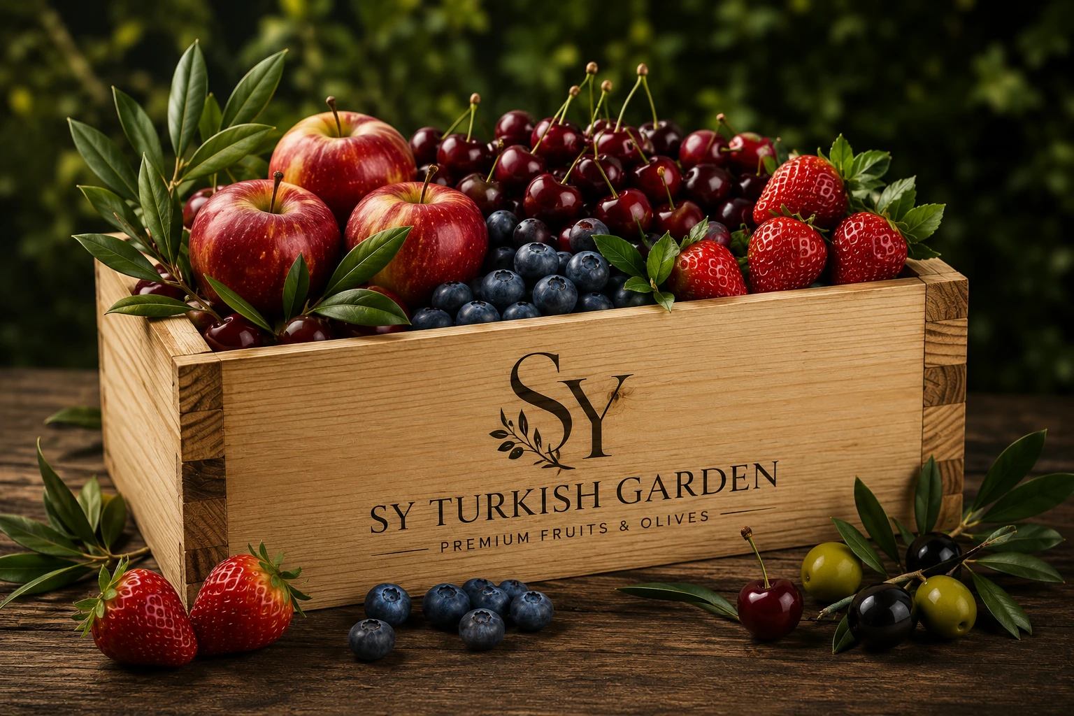 Wooden crate filled with premium fruits