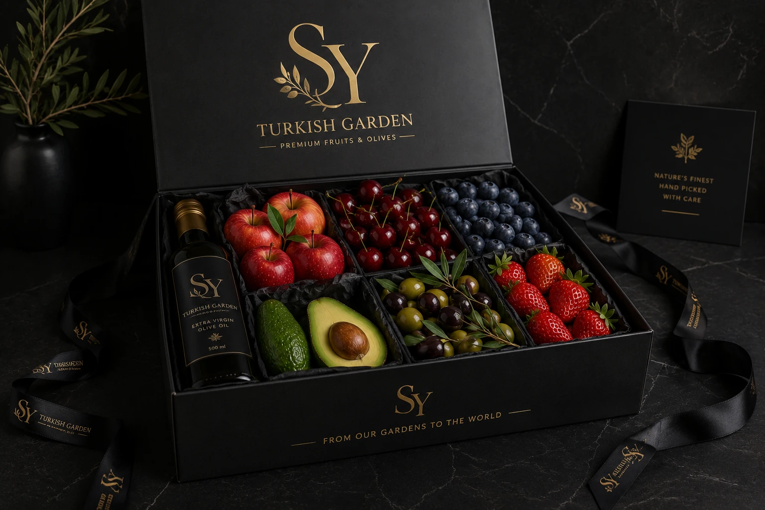 Premium black gift box with fruits, olives and olive oil